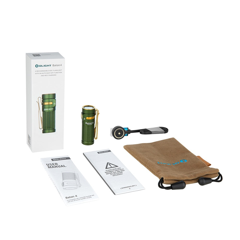 Olight Baton 4 OD Green included accessories – flashlight, pocket clip, MCC 1A magnetic charging cable, pouch, user manual