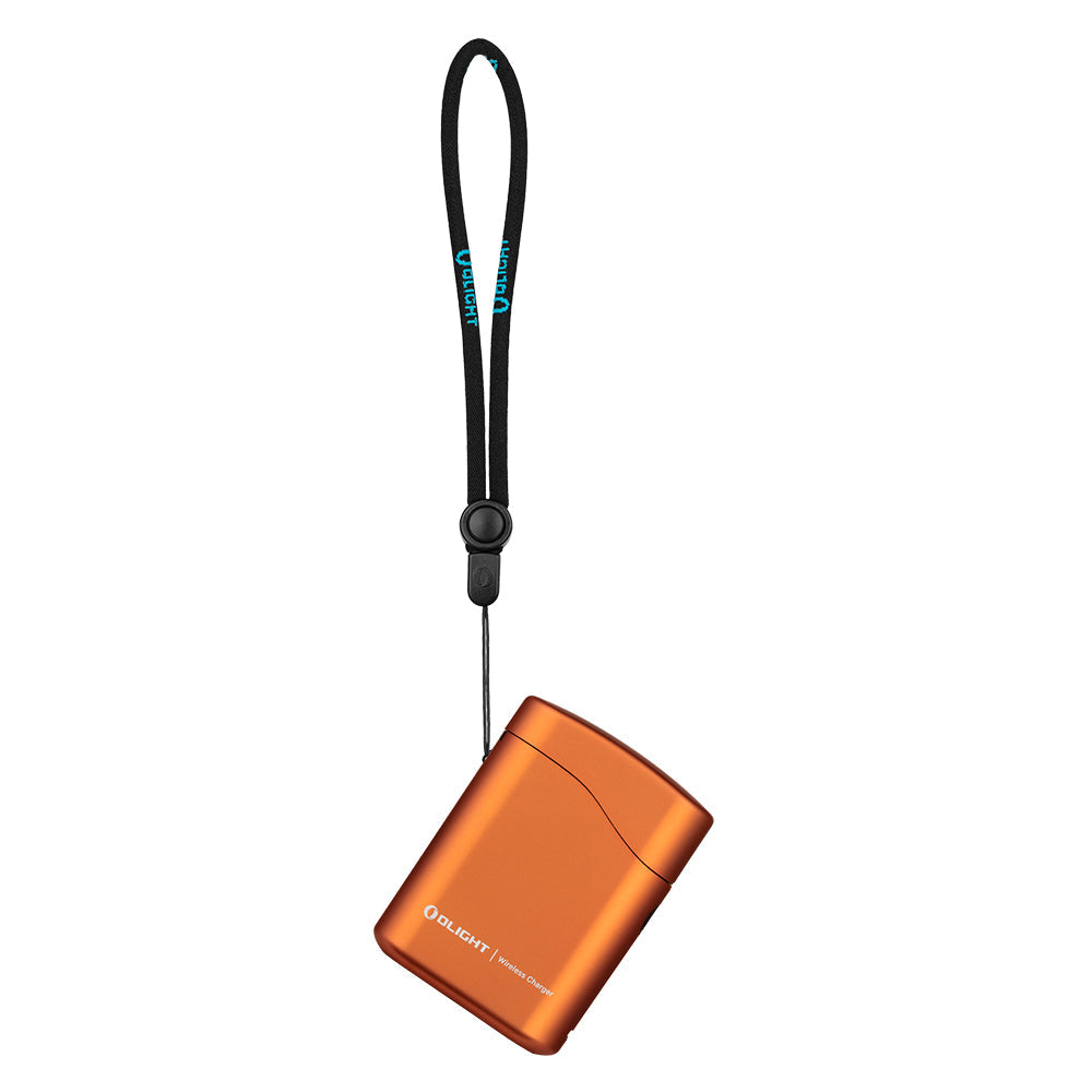 Olight Baton 4 Premium Orange wireless charging case hanging from lanyard for portable power