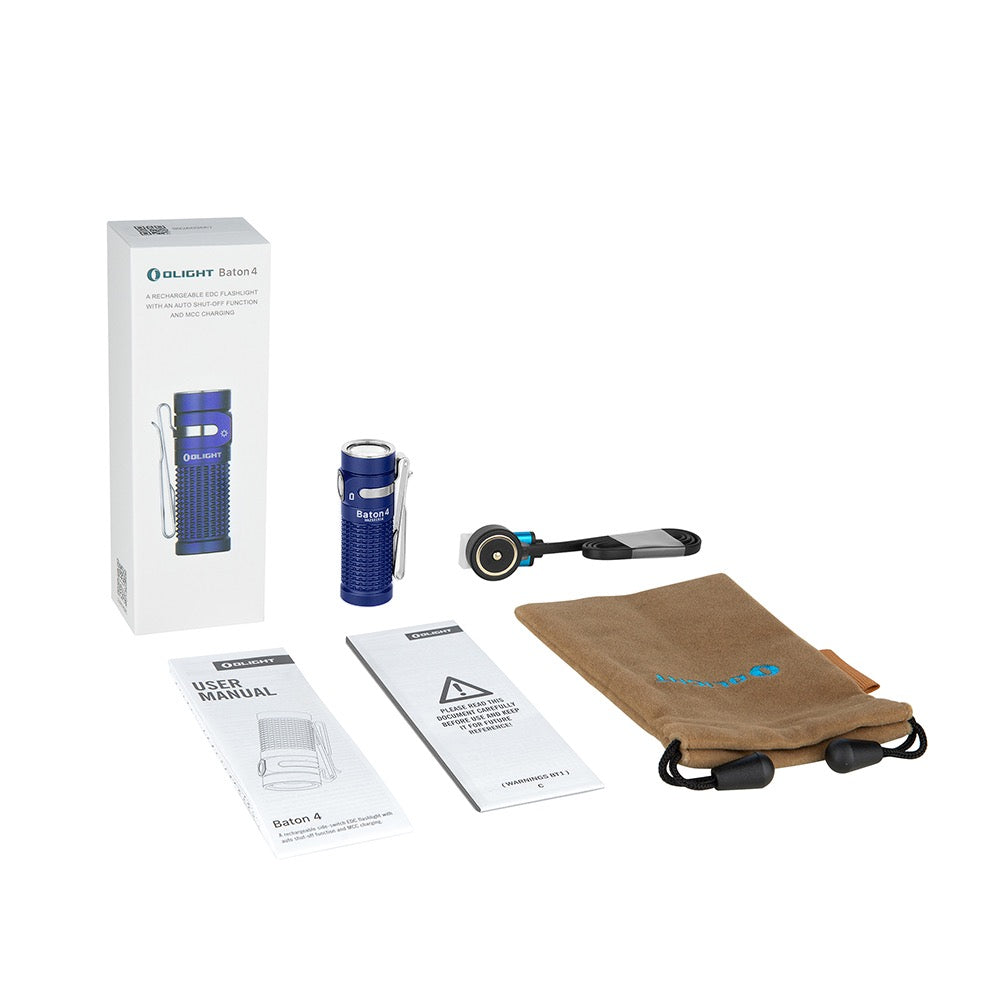 Olight Baton 4 Regal Blue included accessories – flashlight, pocket clip, MCC 1A magnetic charging cable, pouch, user manual