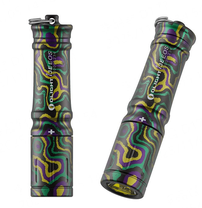 Olight i3E EOS Carnival Confetti front view – 90 lumen AAA keychain flashlight