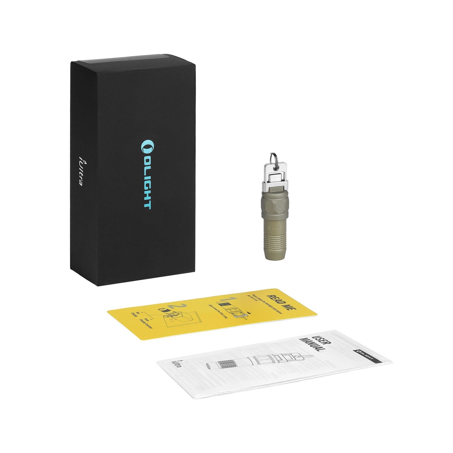 Olight iUltra Olive Green package contents – flashlight, retail box, USB-C cable and user manual