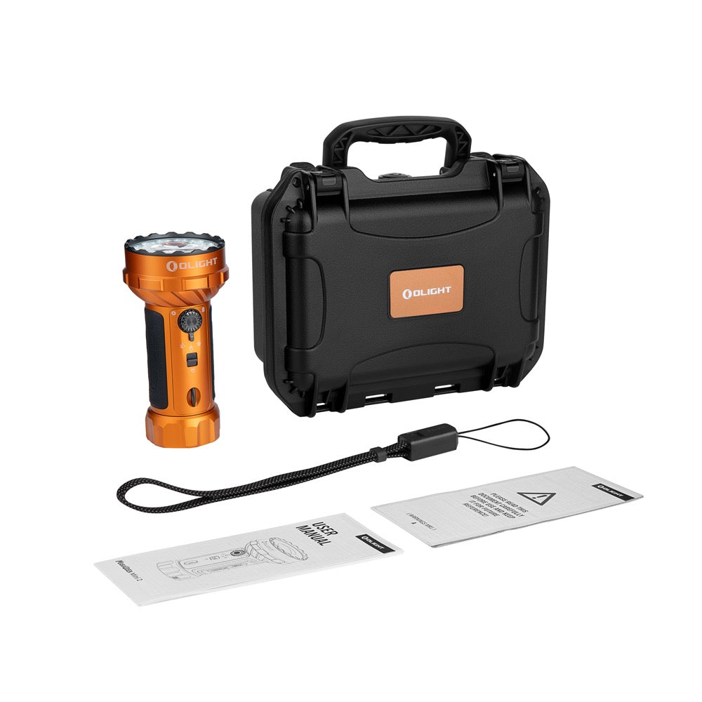 Olight Marauder Mini 2 Orange with hard carry case, lanyard and included accessories