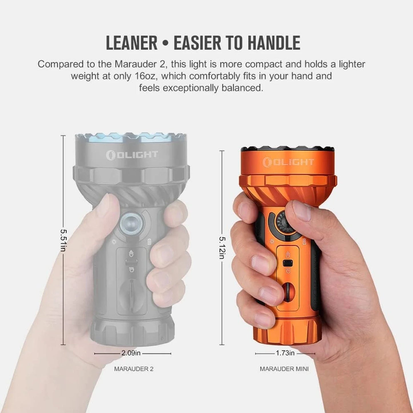Olight Marauder Mini Orange held in hand showing its compact searchlight size