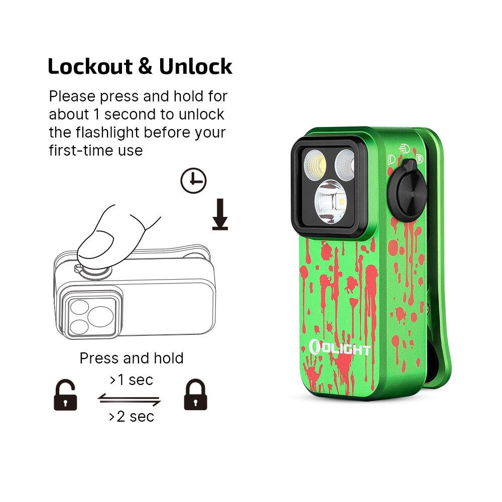 Olight Oclip Pro Zombie Green lockout and unlock – press and hold for about 1 second to unlock before first use