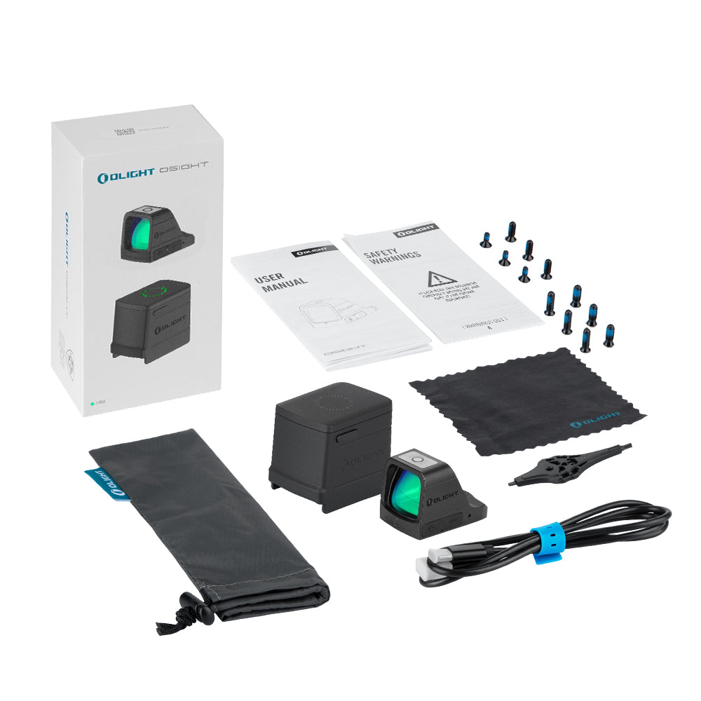 Olight Osight Green 3 MOA package contents – dot sight, magnetic charging cover, mounting screws, tool, cloth, USB-C cable and user manual