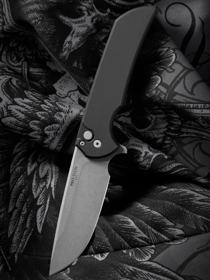 Pro-Tech Mordax – CPM 20CV Acid Wash Button Lock Folding Knife, Black Aluminum Handle, Deep Carry Clip