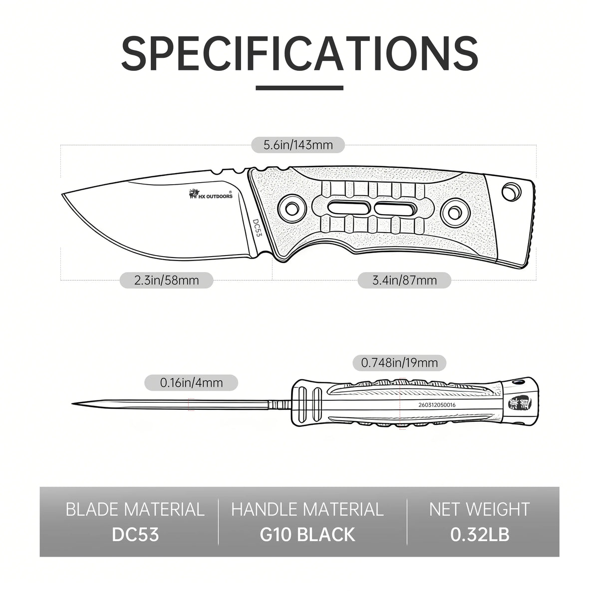 HX Outdoors Rock Apex Mini TD-26B dimensions diagram – 5.63" overall, 2.28" blade, 0.16" thick