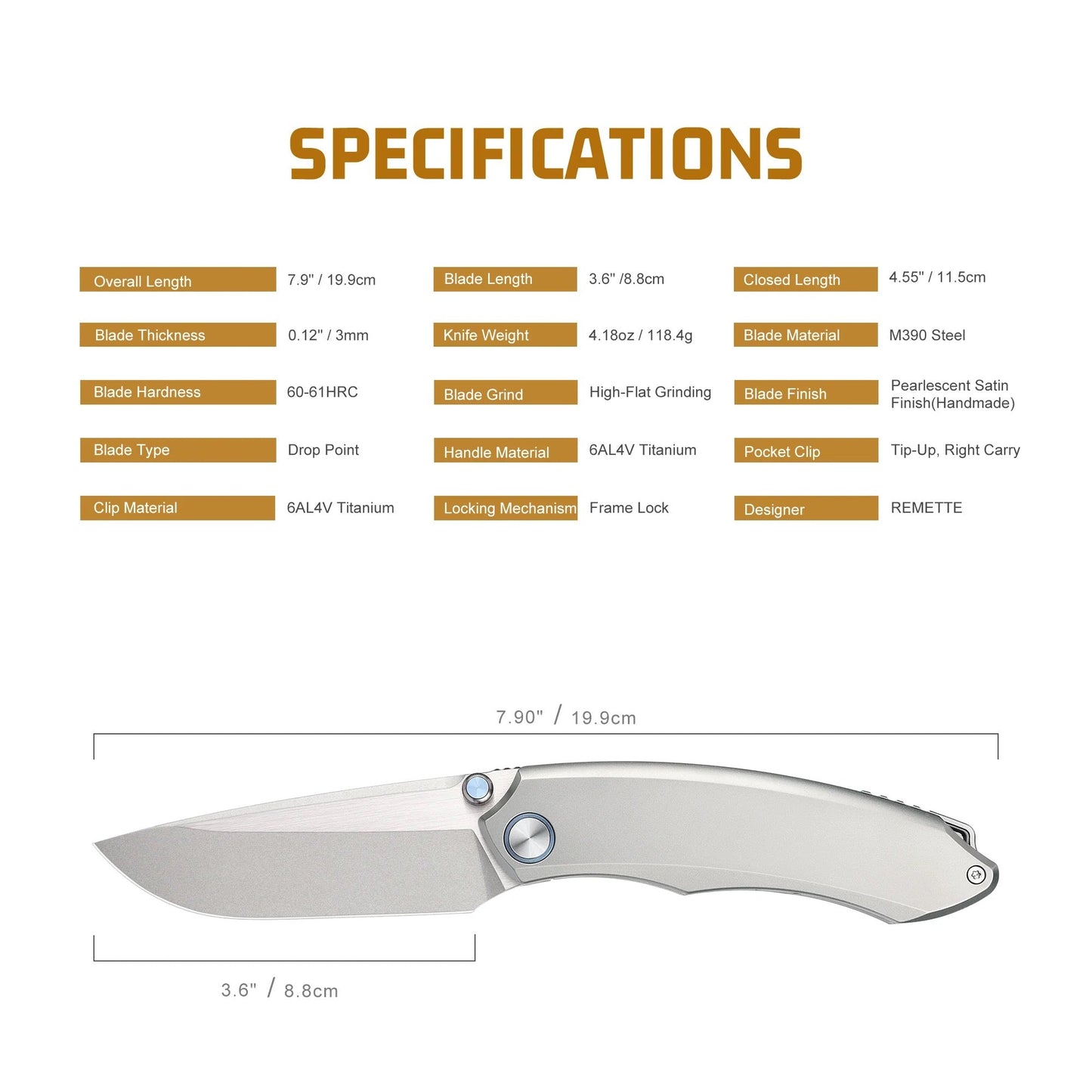 Remette Wild Species WD108-G Folding Knife – 3.6" M390 Blade, Titanium Handle