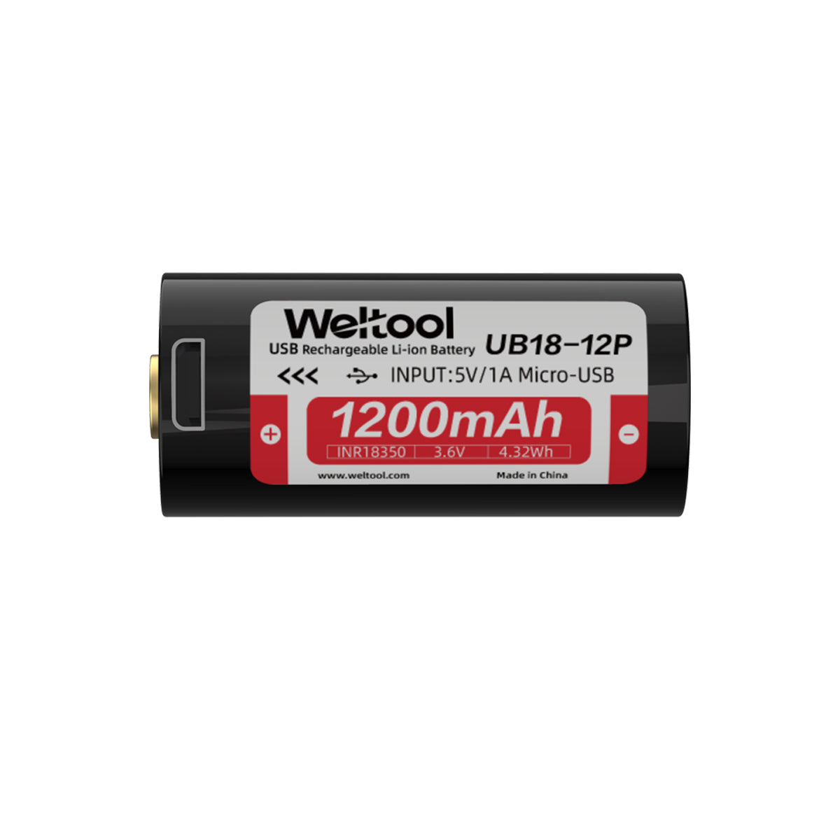 Weltool UB18-12P (WEL-UB18-12P) — 18350 high-drain Li-ion cell, 1200mAh 8A USB rechargeable flashlight battery