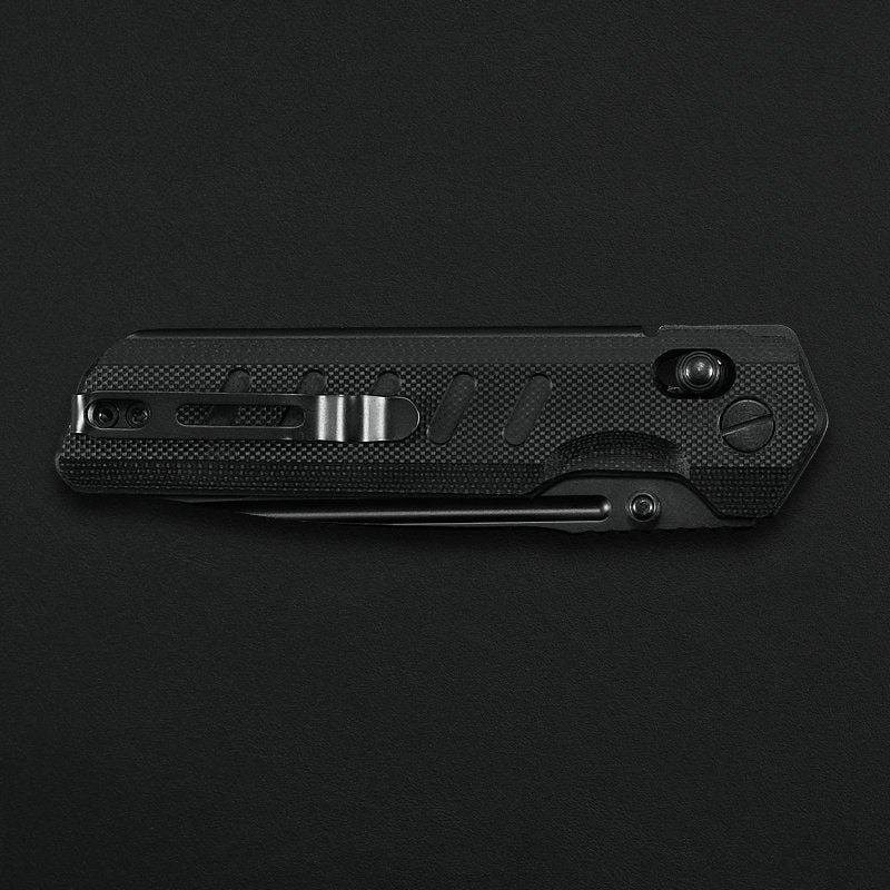 Critical Strike X504-BKBF black G10 handle detail, closed with backspacer
