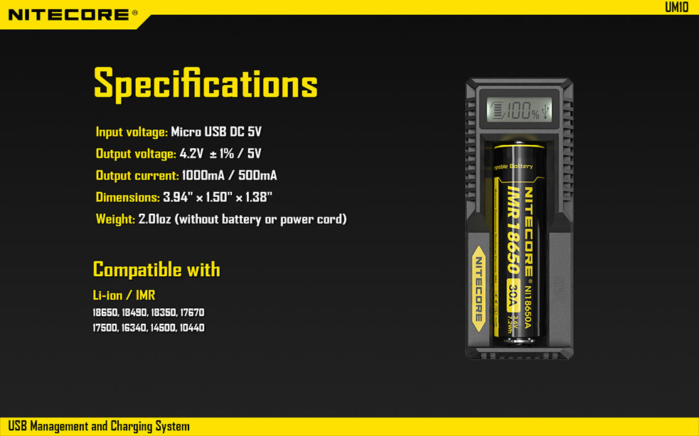 Nitecore UM10 Single Bay Battery Charger with LCD Display