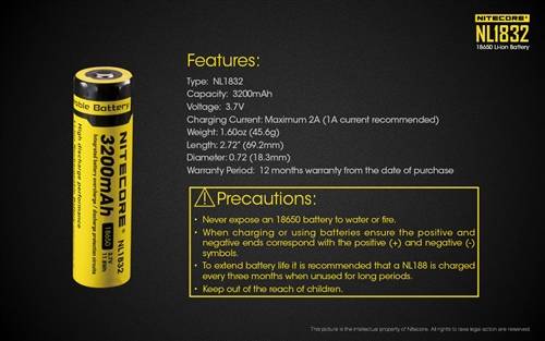 NItecore NL1832 (NL188) 3200MAH 18650 Rechargeable Battery