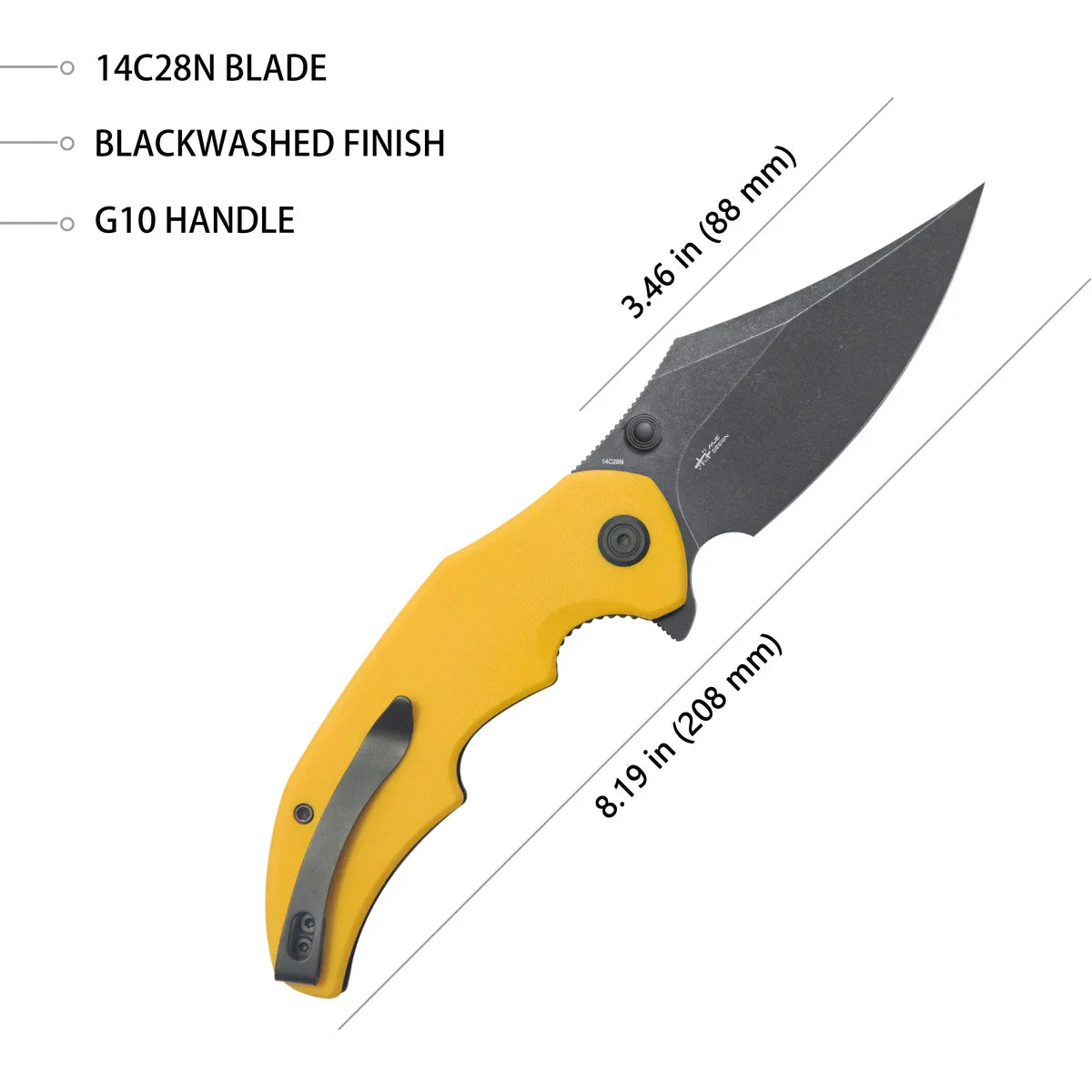 Kubey Knife Ceto 3.46" 14C28N Yellow G-10 KUB181G