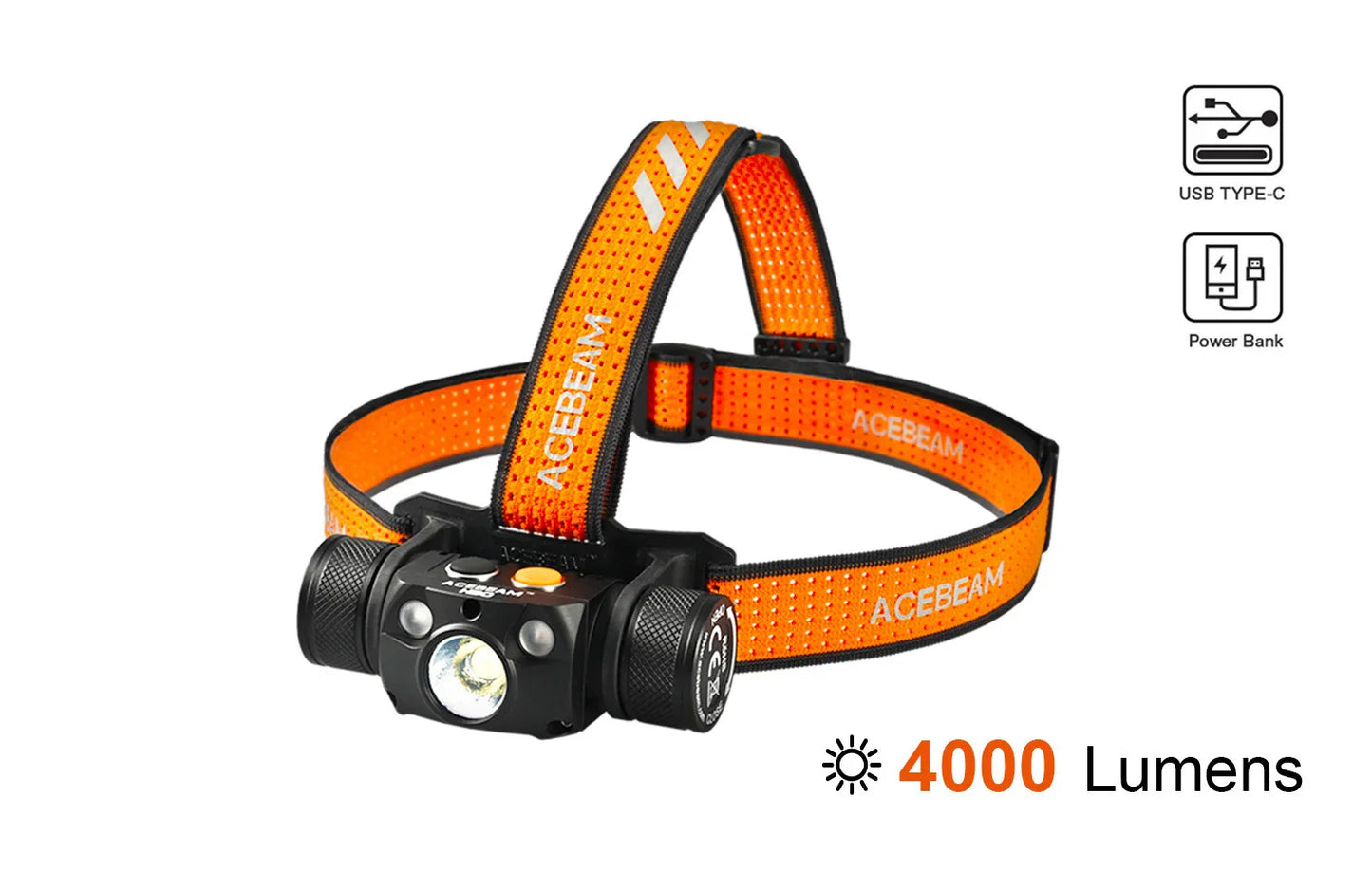 Acebeam H30 ACE-H30 with orange headband – 4,000 lumen 21700 USB-C rechargeable headlamp