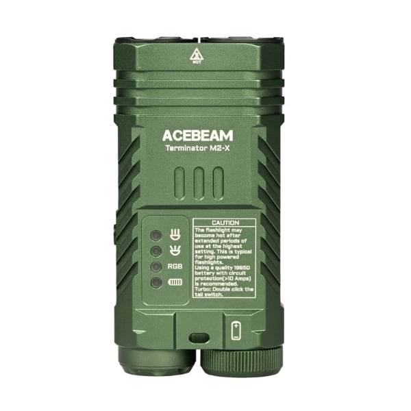Acebeam Terminator M2-X M2X-NW-ODG front view – 2000 lumen spot, flood, and RGB tactical flashlight