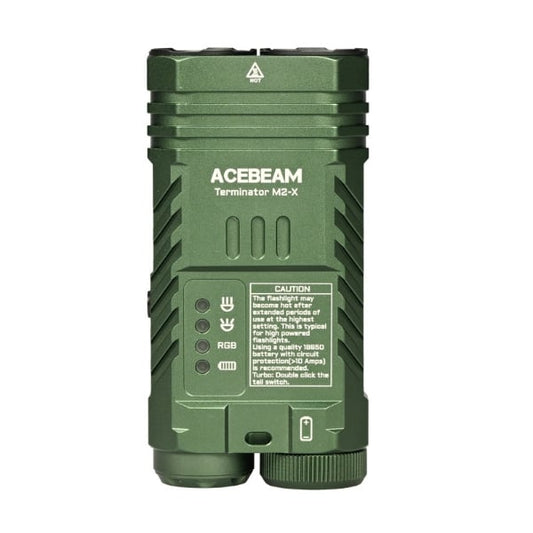 Acebeam Terminator M2-X M2X-NW-ODG front view – 2000 lumen spot, flood, and RGB tactical flashlight