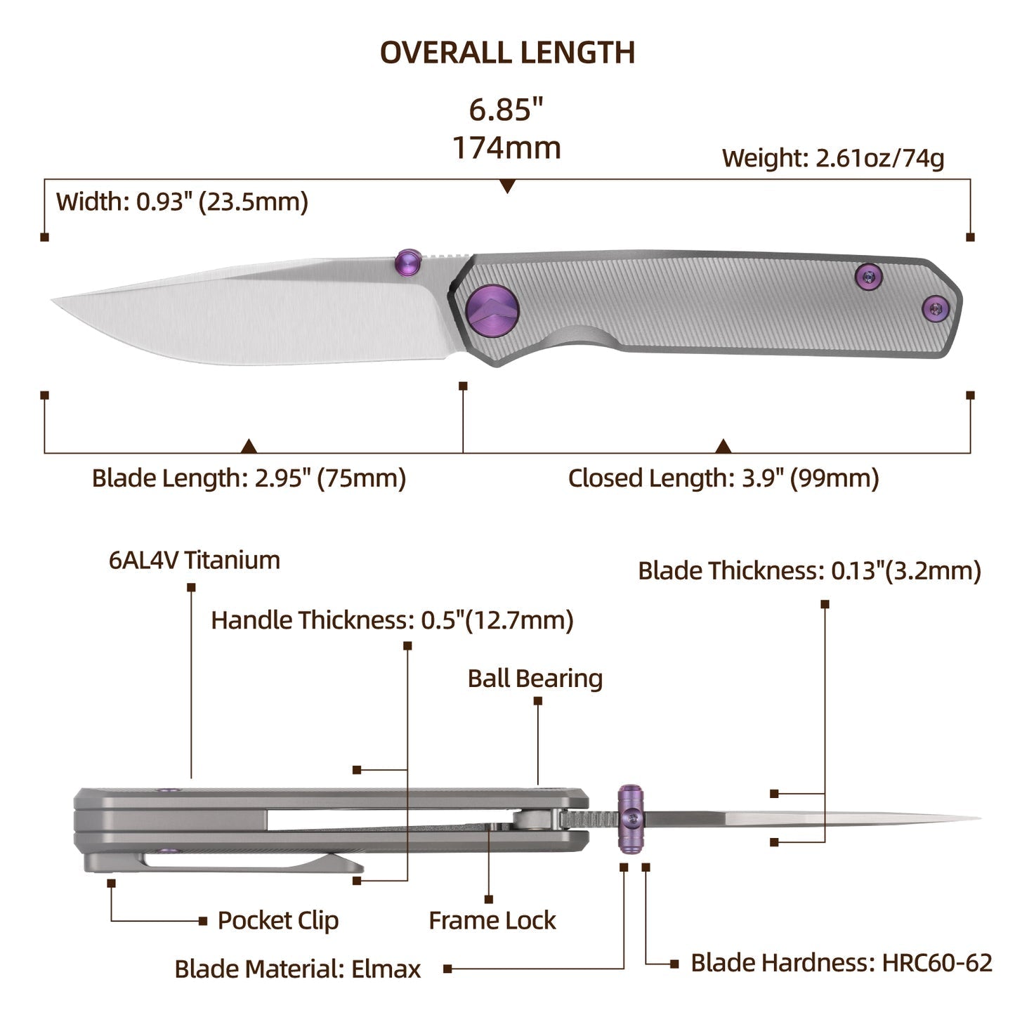 FerraMonster Kroma FM23008-A – 2.95" Satin Elmax Folding Knife, Grey Titanium Handle, Frame Lock Gentleman’s EDC