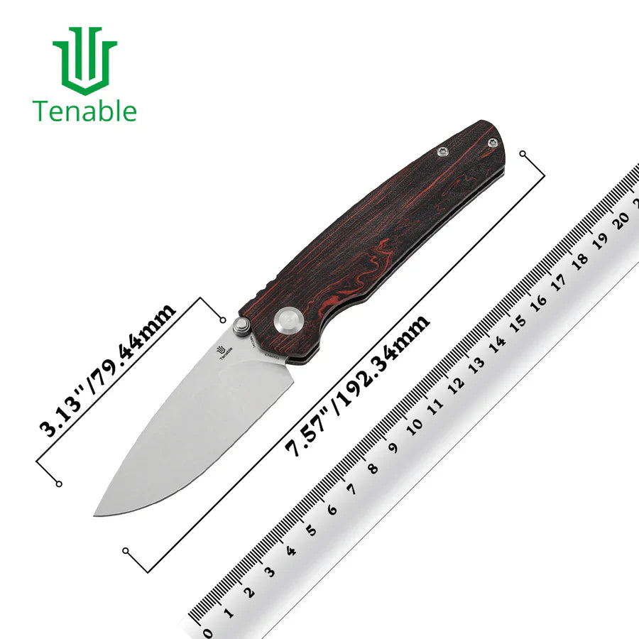 Tenable Raven T2109V3 – 3.14" Stonewashed 14C28N Drop Point Blade, Red & Black G-mascus Handle, Crossbar Lock – Designed by Black Bird Blades