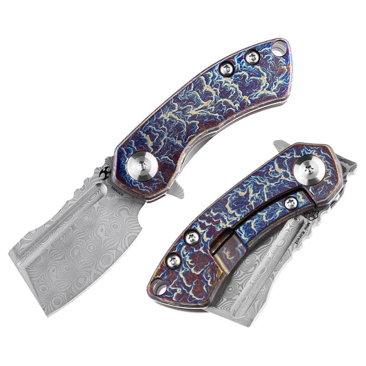 Kansept Mini Korvid 4.15" Damascus Lightning Strike Anodized Titanium Gradient K3030D1