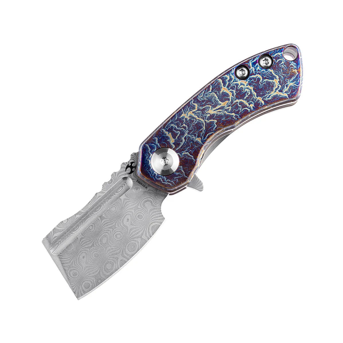 Kansept Mini Korvid 4.15" Damascus Lightning Strike Anodized Titanium Gradient K3030D1