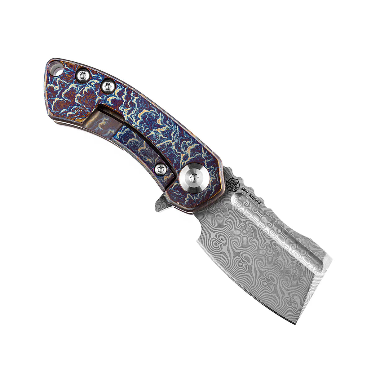 Kansept Mini Korvid 4.15" Damascus Lightning Strike Anodized Titanium Gradient K3030D1