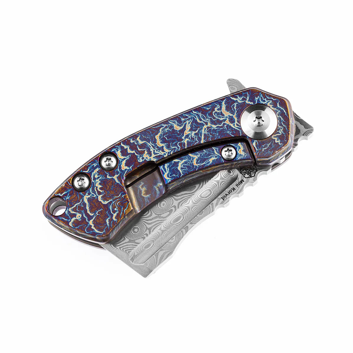 Kansept Mini Korvid 4.15" Damascus Lightning Strike Anodized Titanium Gradient K3030D1