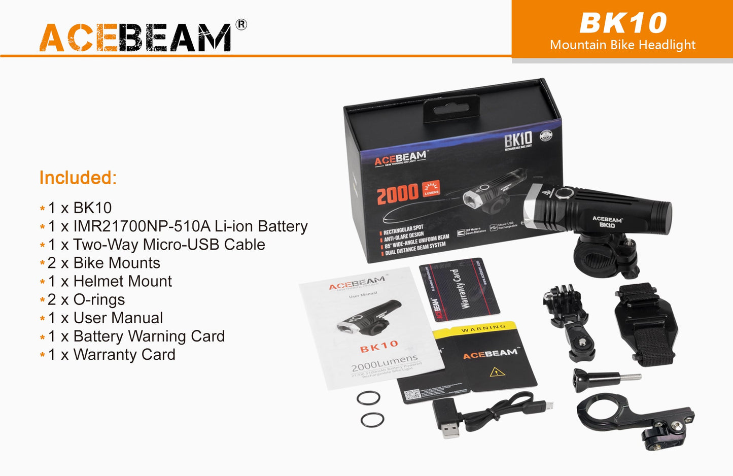 Acebeam BK10 2,000 Lumen Wide Angle Micro-USB Rechargeable Bicycle Light 1 x 21700 Battery