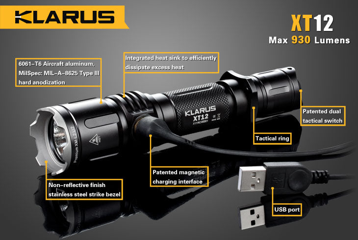 Klarus XT12 1 x 18650 / 2 x CR123A CREE XM-L2 U2 930 Lumen LED Flashlight