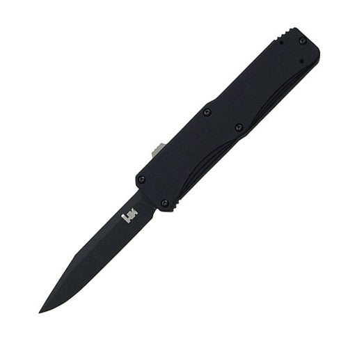 Benchmade H&K 14800BK Tumult OTF front view – 3.50" black D2 clip-point out-the-front automatic knife, black aluminum handle