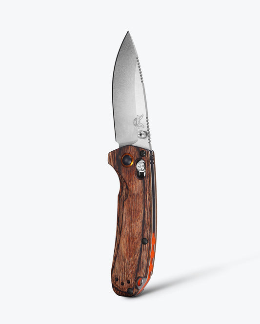 Benchmade North Fork 15032 front view – 3″ CPM-S30V drop point folding hunting knife, stabilized wood