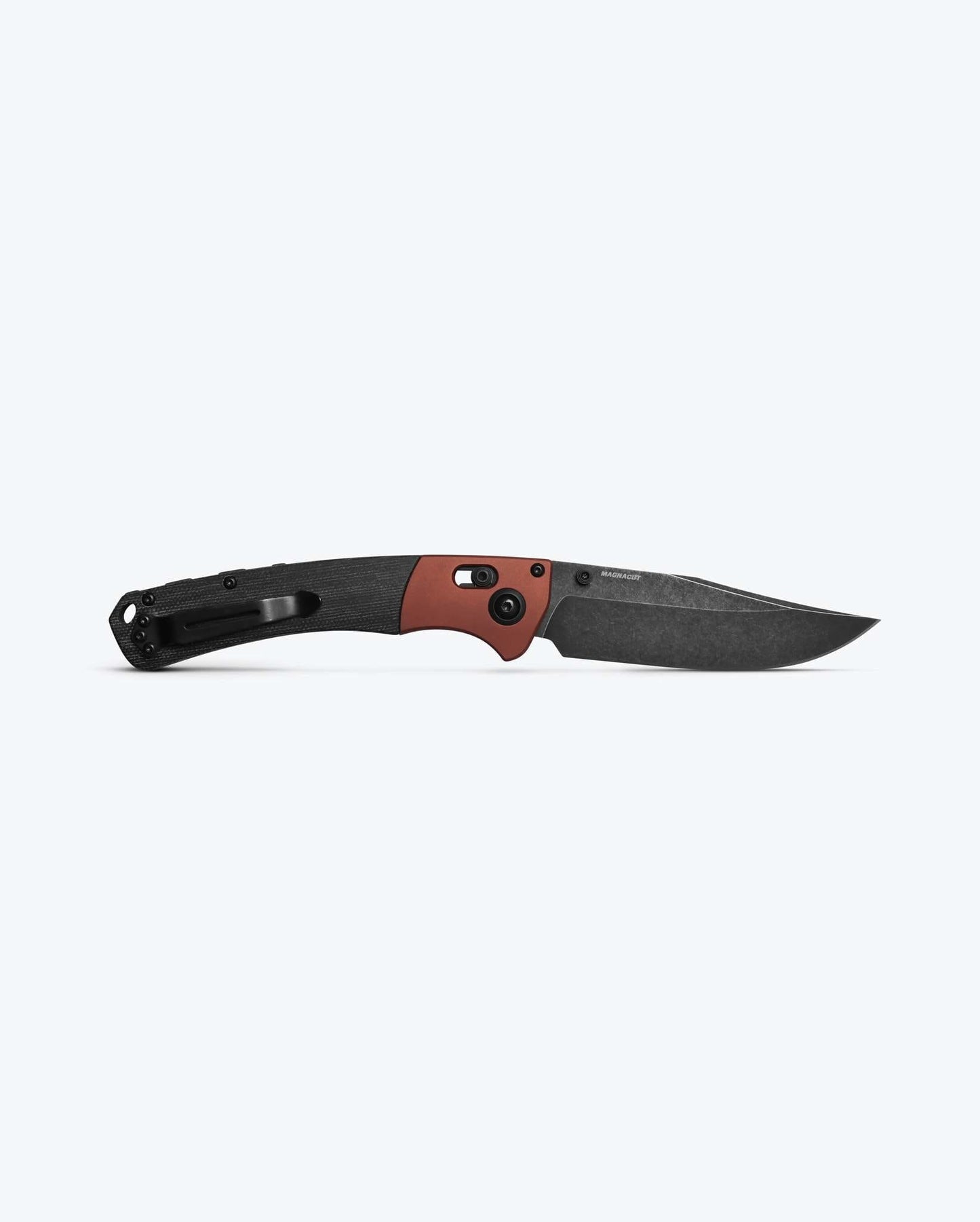 Benchmade Crooked River 15080BK-04 blade detail – MagnaCut DLC Battlewash clip point