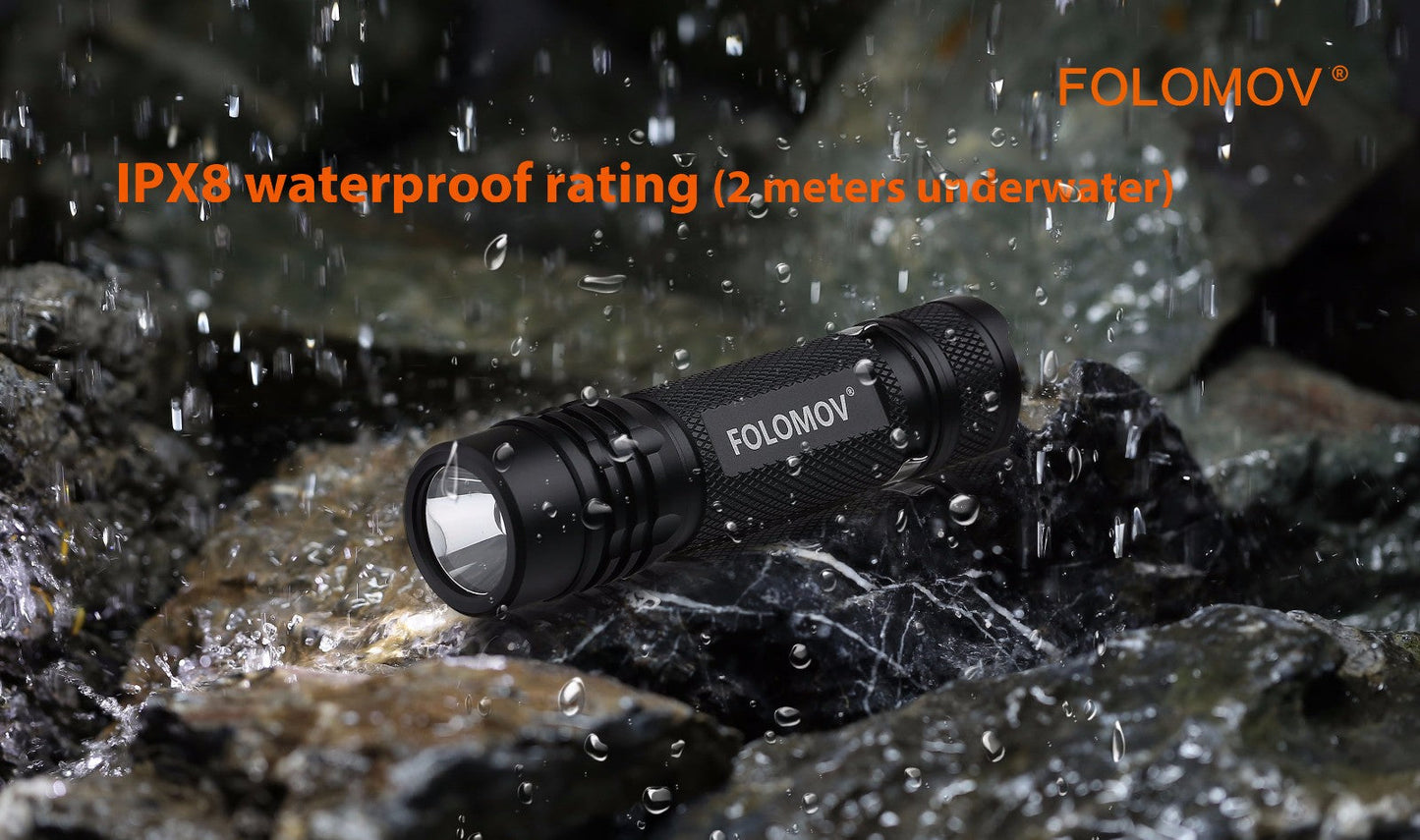 Folomov 18650S Black 900 Lumen Flashlight Nichia 219D LED 1 * 18650 Battery