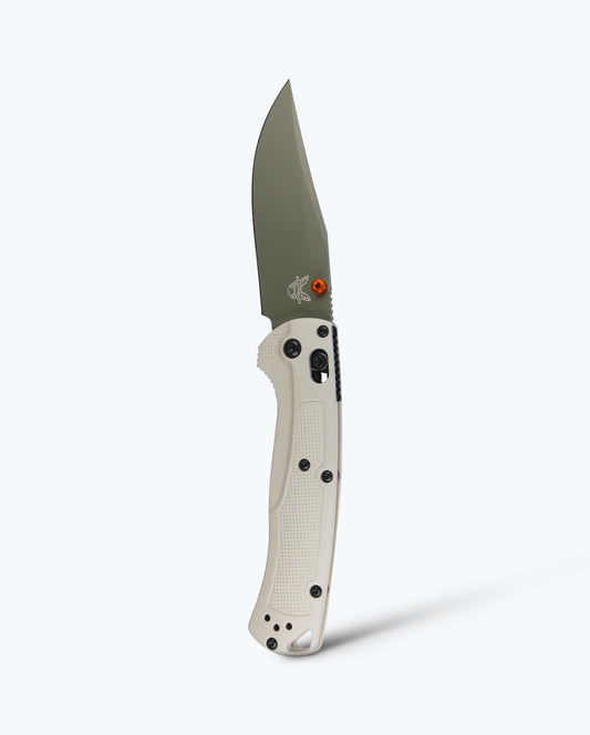 Benchmade Taggedout 15536GN-01 front view – 3.5″ Elmax clip point folding hunting knife, tan Grivory