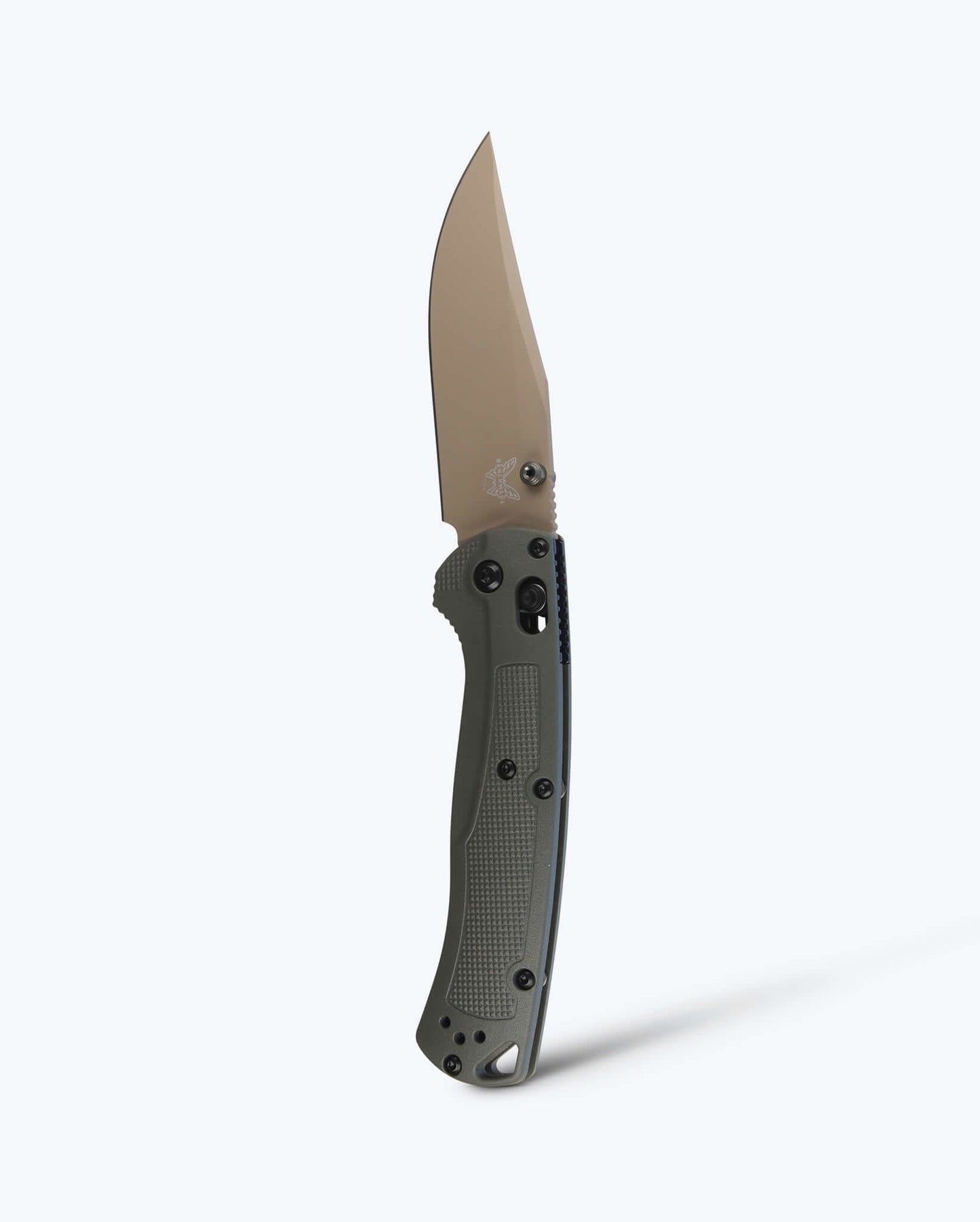 Benchmade Taggedout 15536TN-02 front view – 3.5″ Elmax clip point folding hunting knife, deep olive Grivory