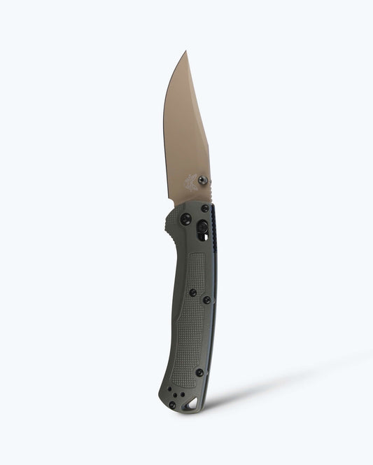 Benchmade Taggedout 15536TN-02 front view – 3.5″ Elmax clip point folding hunting knife, deep olive Grivory