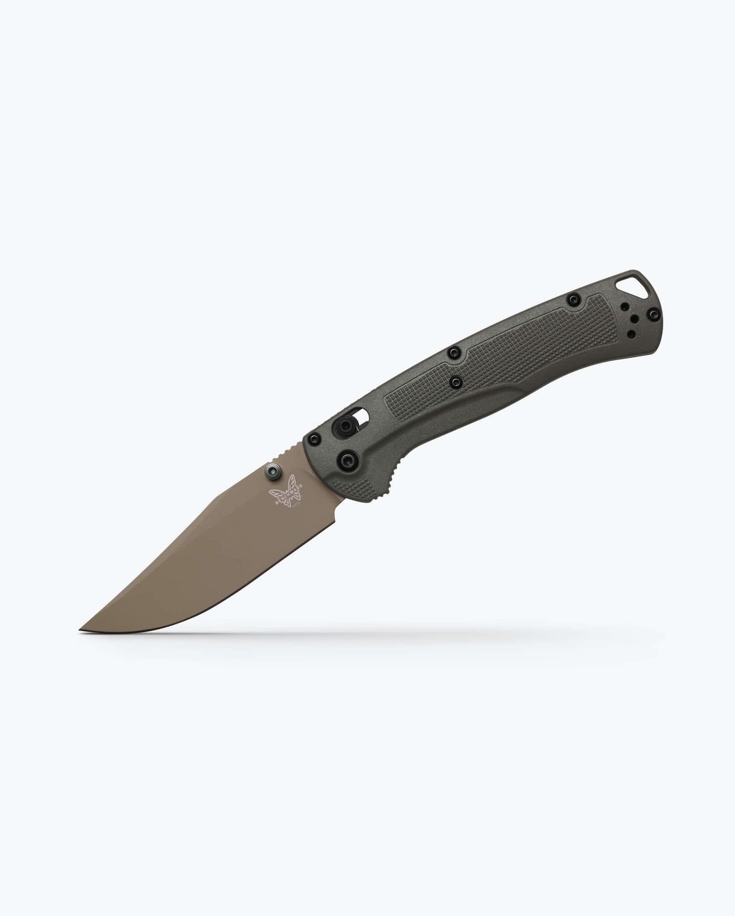 Benchmade Taggedout 15536TN-02 open position showing Elmax tan Cerakote blade