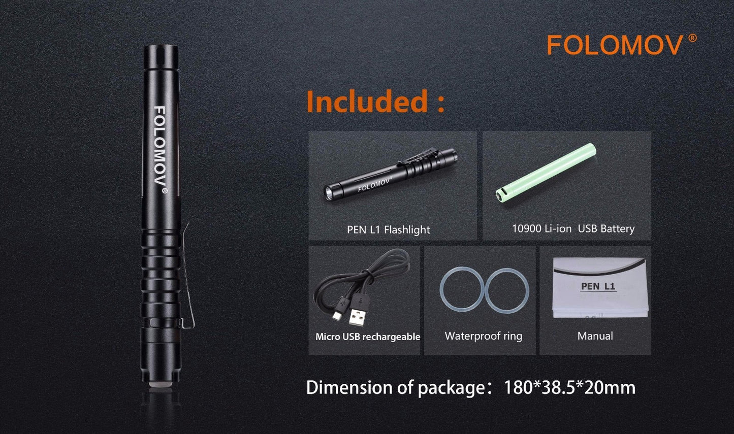 Folomov L1 Penlight 335 Lumen 1 * 10900 Micro-USB Rechargeable Battery Nichia E21A LED