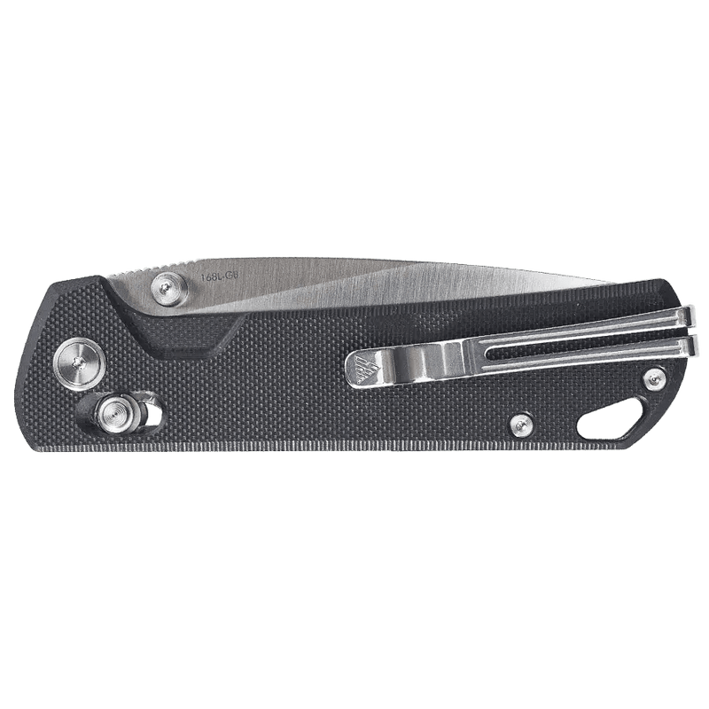 SRM 168L-GB open position showing 3.39″ brushed D2 drop point blade and crossbar lock