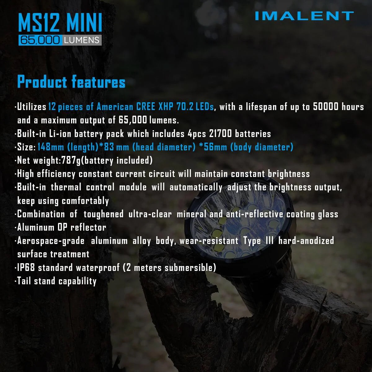 Imalent MS12 Mini 65000 Lumen High Powered Rechargeable Flashlight 12 x CREE XHP70 Gen2 LED