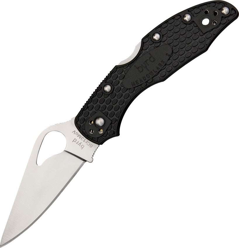 Spyderco Byrd Meadowlark 2 BY04PBK2 product view – black-coated 8Cr13MoV leaf blade with byrd Comet opening hole