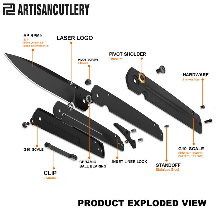 ARTISAN CUTLERY SIRIUS 1849P-BBK AR-RPM9 BLACK PVD COATED BLADE G10 HANDLE FOLDING KNIFE