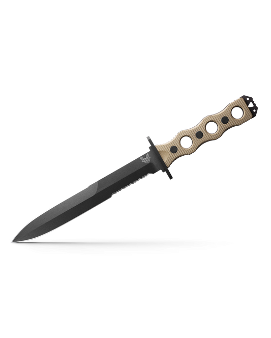 Benchmade SOCP 185SBK-1 front view - 7.11" CPM-3V black combo double-edge dagger fixed blade knife