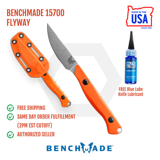 Benchmade Flyway 15700 front view – 2.7″ 154CM bird and trout fixed blade knife, orange G10
