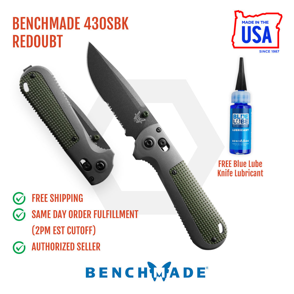 Benchmade Redoubt 430SBK front view, 3.55″ black CPM-D2 serrated drop point folding knife