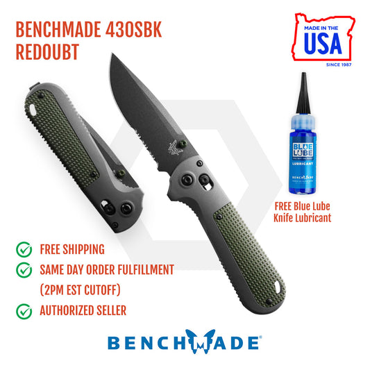 Benchmade Redoubt 430SBK front view, 3.55″ black CPM-D2 serrated drop point folding knife