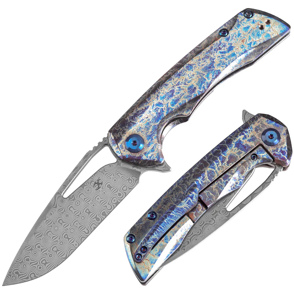 Kansept Kryo 3.58" Damascus Titanium with Lightning Strike Finish Blue K1001A6