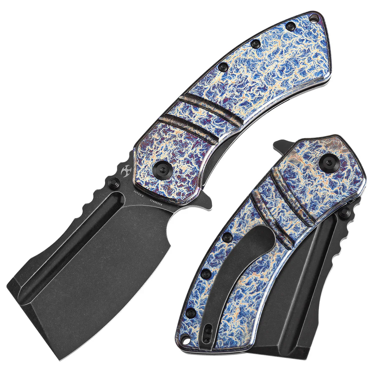Kansept XL Korvid 3.55" CPM S35VN Titanium with Lightning Strike Finish Black Purple Blue K1030A11