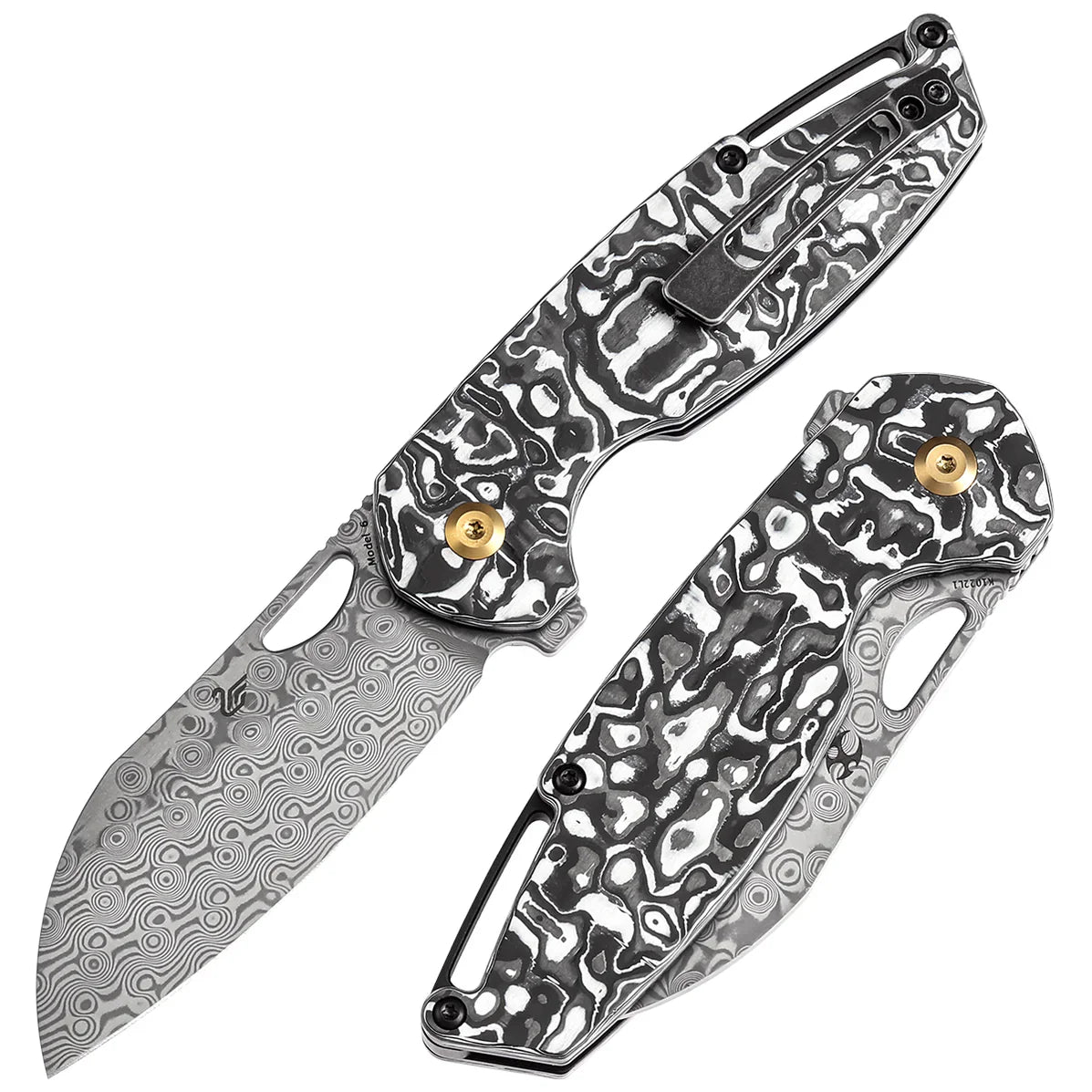 Kansept Knives Model 6 Left-handed 3.1" Damascus Black White Carbon Fiber K1022L1