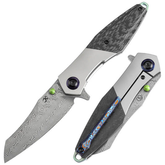 Kansept Mistaken 3.15" Damascus Beadblasted Titanium + Twill Carbon Fiber Black, Plain K1053D1