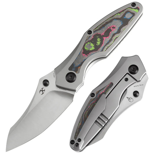 Kansept Baba Yaga 3.06" CPM 20CV Bead Blasted Titanium + 80S Camo Carbon Inlay Yellow, Blue K1074A4